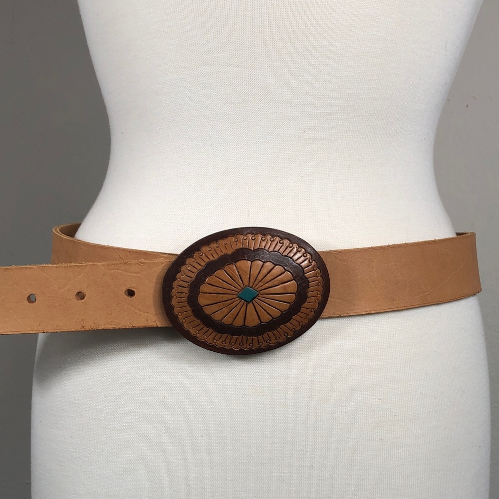 Vintage Tooled Painted Leather Buckle Raw Leather Strap Belt Western Cowgirl